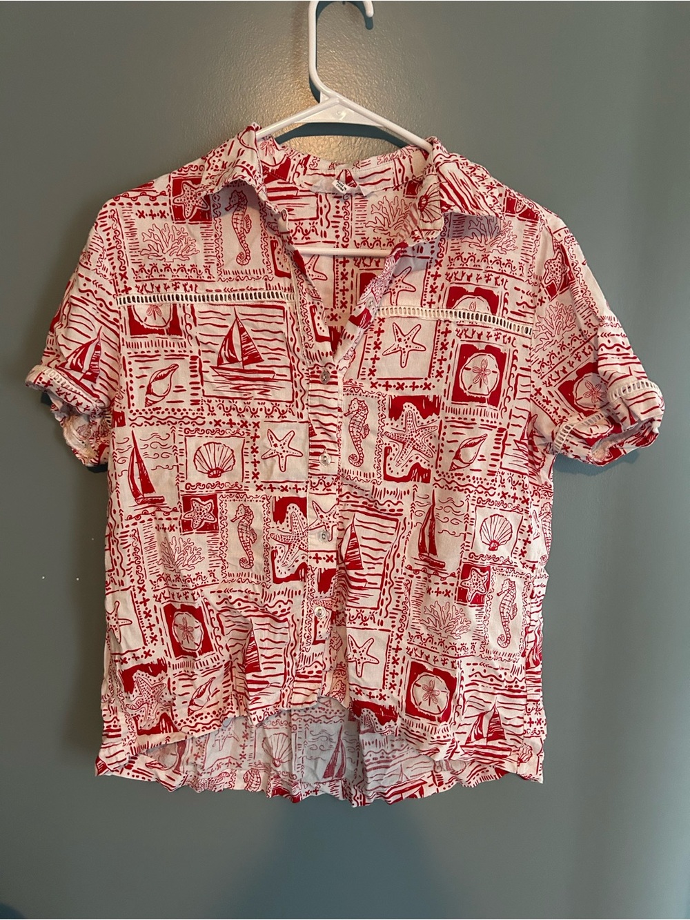 Jane and Delancey Red and White Nautical Print Button-Front Top